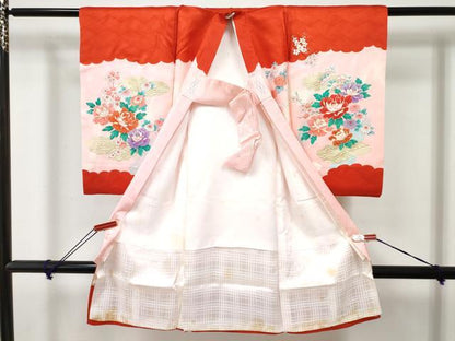平和屋着物[]お宮参り　女の子　祝着　産着　初着　のしめ　御所車飛鶴花文　暈し染め　金彩　逸品　未使用　DABE7259ma