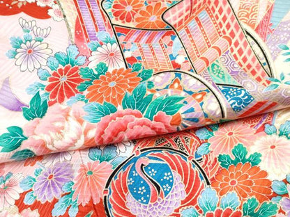 平和屋着物[]お宮参り　女の子　祝着　産着　初着　のしめ　御所車飛鶴花文　暈し染め　金彩　逸品　未使用　DABE7259ma