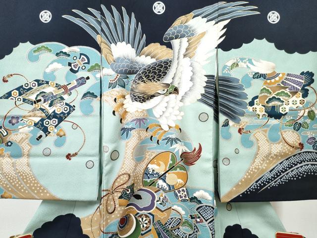 平和屋着物[]お宮参り　男の子　祝着　産着　初着　のしめ　鷹　鷲　打ち出の小槌　金彩　箱付き　逸品　DABE7264ma