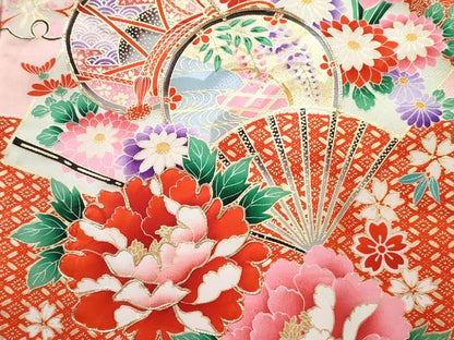平和屋着物[]お宮参り　女の子　祝着　産着　初着　のしめ　駒刺繍　扇面鼓花文　金彩　逸品　DABE7266ma