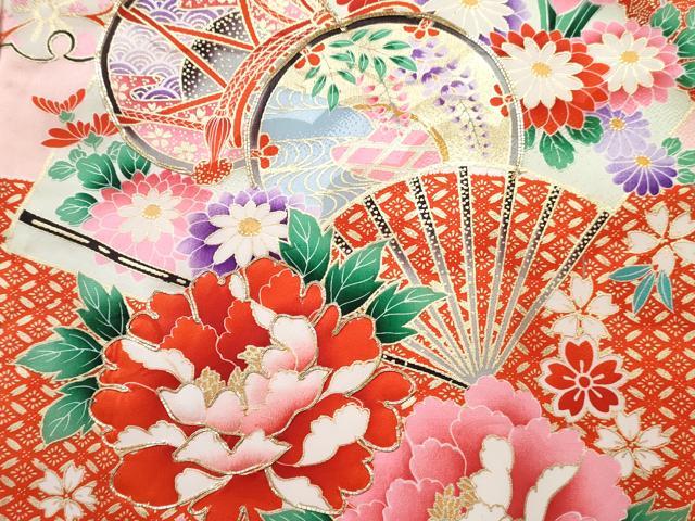 平和屋着物[]お宮参り　女の子　祝着　産着　初着　のしめ　駒刺繍　扇面鼓花文　金彩　逸品　DABE7266ma