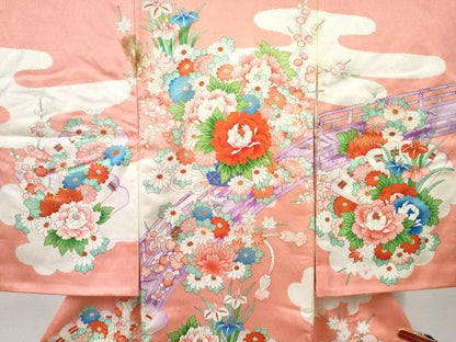 平和屋着物[]お宮参り　女の子　祝着　産着　初着　のしめ　渡橋花車文　金彩　逸品　DABE7268ma