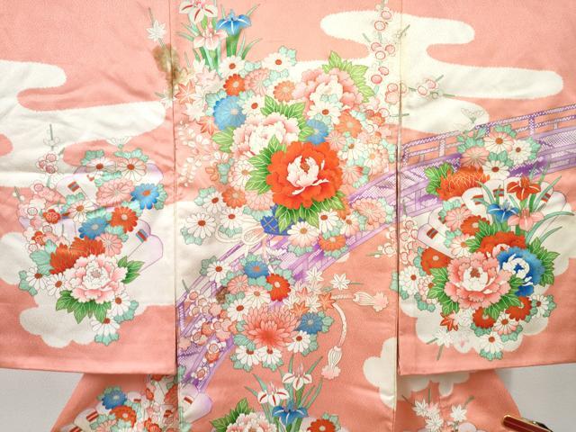 平和屋着物[]お宮参り　女の子　祝着　産着　初着　のしめ　渡橋花車文　金彩　逸品　DABE7268ma