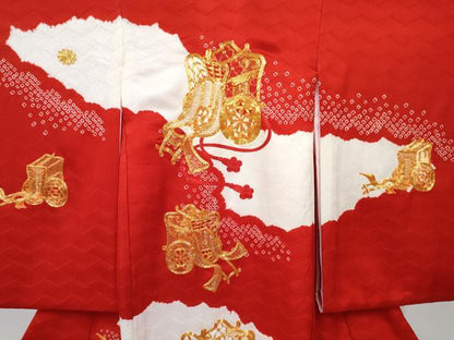 平和屋着物[]お宮参り　女の子　祝着　産着　初着　のしめ　駒刺繍　絞り　御所車花文　逸品　DABE7269ma