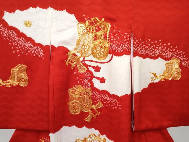 平和屋着物[]お宮参り　女の子　祝着　産着　初着　のしめ　駒刺繍　絞り　御所車花文　逸品　DABE7269ma