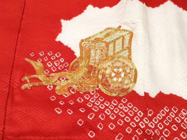 平和屋着物[]お宮参り　女の子　祝着　産着　初着　のしめ　駒刺繍　絞り　御所車花文　逸品　DABE7269ma