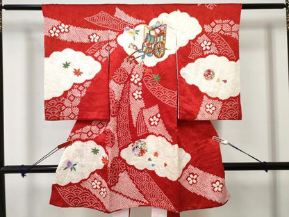 平和屋着物[]お宮参り　女の子　祝着　産着　初着　のしめ　刺繍　絞り　御所車花文　金糸　逸品　DABE7270ma