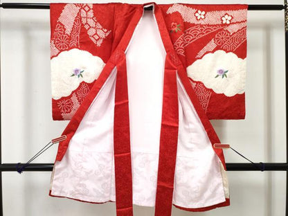 平和屋着物[]お宮参り　女の子　祝着　産着　初着　のしめ　刺繍　絞り　御所車花文　金糸　逸品　DABE7270ma