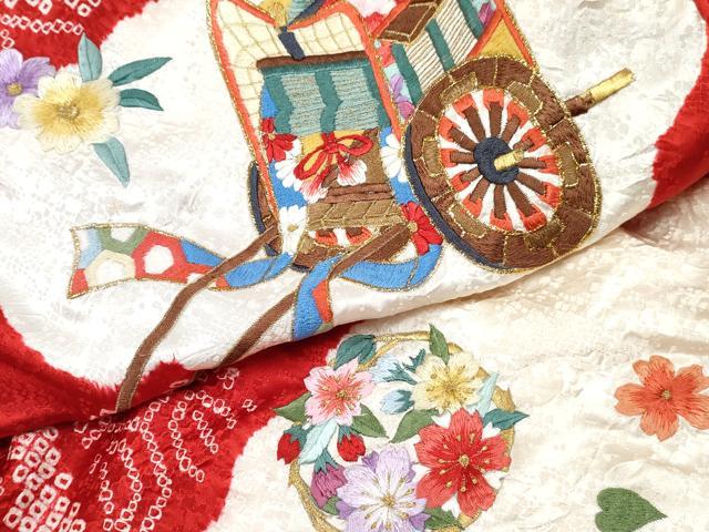平和屋着物[]お宮参り　女の子　祝着　産着　初着　のしめ　刺繍　絞り　御所車花文　金糸　逸品　DABE7270ma