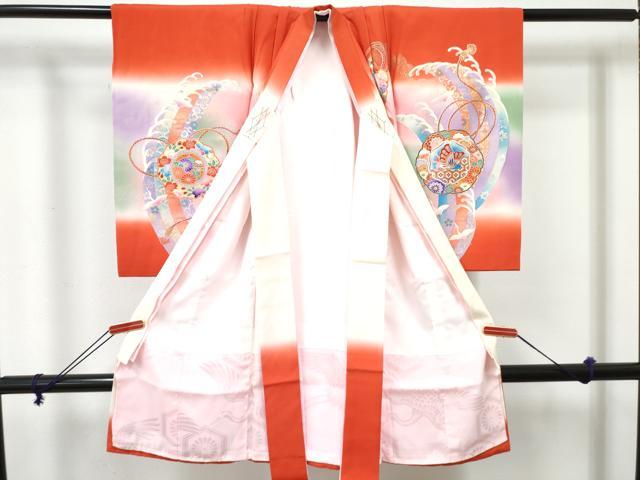 平和屋着物[]お宮参り 女の子 祝着 産着 初着 のしめ 駒刺繍 鏡裏花文 暈し染め 金銀彩 逸品 DABE7271ma