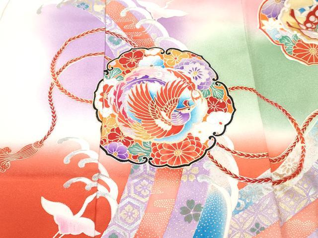 平和屋着物[]お宮参り 女の子 祝着 産着 初着 のしめ 駒刺繍 鏡裏花文 暈し染め 金銀彩 逸品 DABE7271ma