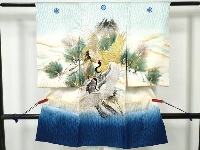 平和屋着物[]お宮参り　男の子　祝着　産着　初着　のしめ　刺繍　飛鶴松文　暈し染め　金銀彩　逸品　DABE7272ma