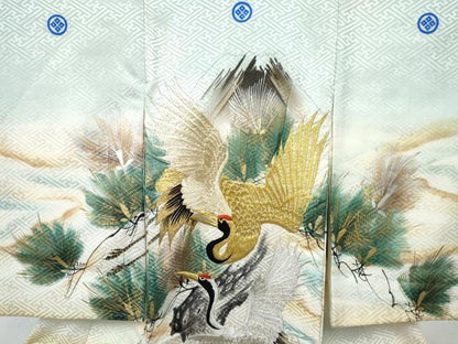 平和屋着物[]お宮参り　男の子　祝着　産着　初着　のしめ　刺繍　飛鶴松文　暈し染め　金銀彩　逸品　DABE7272ma