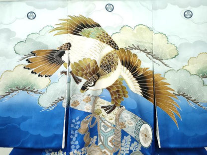 平和屋着物[]お宮参り　男の子　祝着　産着　初着　のしめ　駒刺繍　鷹　鷲　松文　暈し染め　金彩　逸品　DABE7274ma