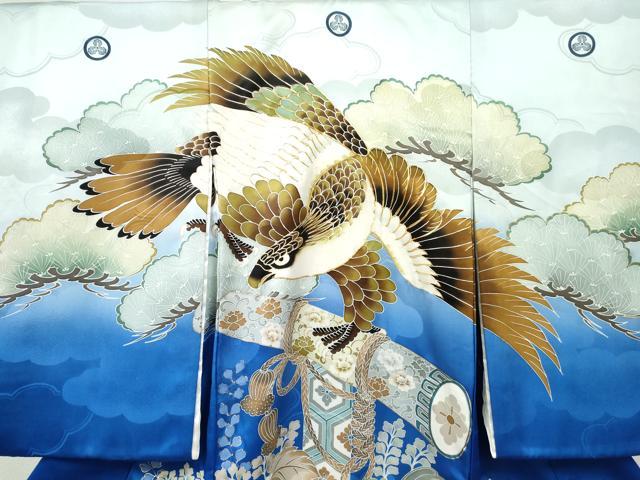 平和屋着物[]お宮参り　男の子　祝着　産着　初着　のしめ　駒刺繍　鷹　鷲　松文　暈し染め　金彩　逸品　DABE7274ma