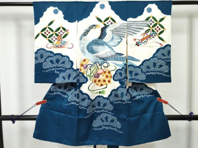 平和屋着物[]お宮参り　男の子　祝着　産着　初着　のしめ　絞り　鷹　鷲　花文箱　金彩　逸品　DABE7276ma