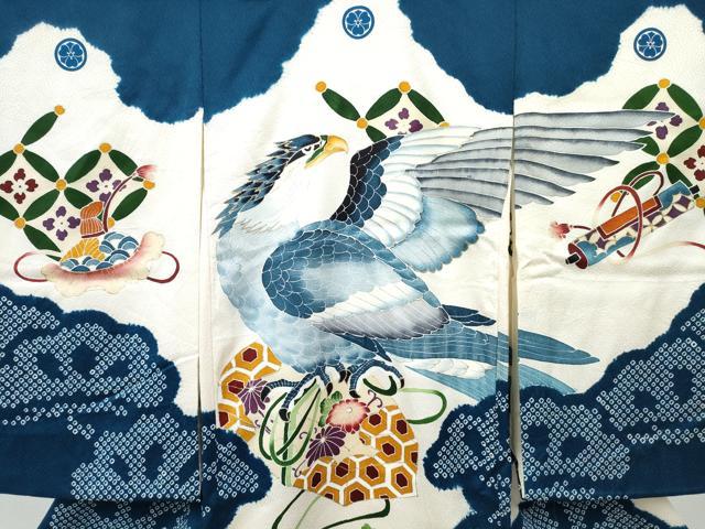 平和屋着物[]お宮参り　男の子　祝着　産着　初着　のしめ　絞り　鷹　鷲　花文箱　金彩　逸品　DABE7276ma