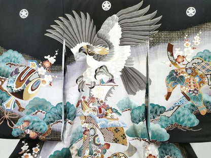 平和屋着物[]お宮参り　男の子　祝着　産着　初着　のしめ　鷹　鷲　鼓花松文　金彩　逸品　DABE7277ma