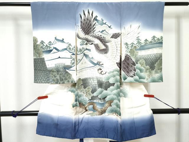 平和屋着物[]お宮参り　男の子　祝着　産着　初着　のしめ　鷹　鷲　風景松文　暈し染め　金彩　逸品　DABE7281ma
