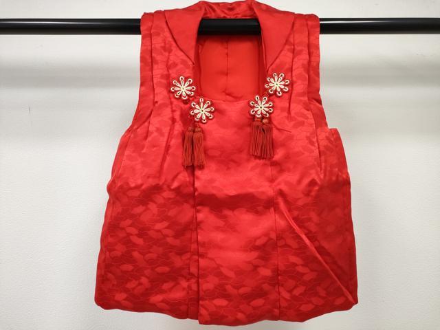 平和屋着物[]女の子　子供　被布　地紙散らし　紅赤色　洗える着物　DABE7289ma