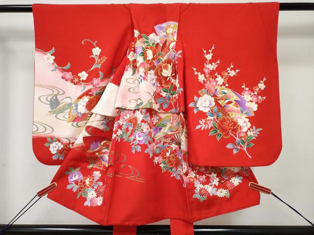 平和屋着物[]七五三　女の子　３歳　祝着　三つ身　鴛鴦扇面飛鶴花文　暈し染め　金銀彩　逸品　DABE7292ma