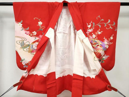 平和屋着物[]七五三　女の子　３歳　祝着　三つ身　鴛鴦扇面飛鶴花文　暈し染め　金銀彩　逸品　DABE7292ma