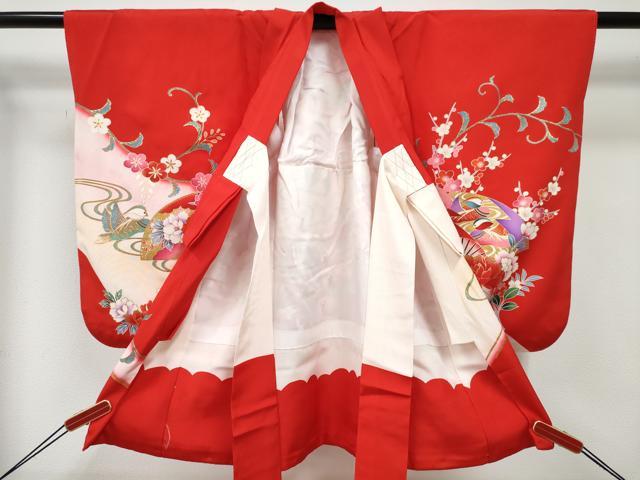 平和屋着物[]七五三　女の子　３歳　祝着　三つ身　鴛鴦扇面飛鶴花文　暈し染め　金銀彩　逸品　DABE7292ma