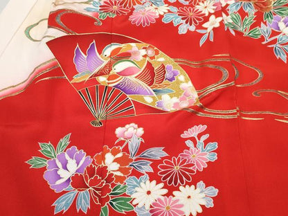平和屋着物[]七五三　女の子　３歳　祝着　三つ身　鴛鴦扇面飛鶴花文　暈し染め　金銀彩　逸品　DABE7292ma