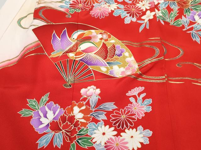 平和屋着物[]七五三　女の子　３歳　祝着　三つ身　鴛鴦扇面飛鶴花文　暈し染め　金銀彩　逸品　DABE7292ma