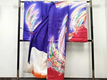 平和屋着物[]七五三　女の子　子供　祝着　駒刺繍　御所車飛鶴花文　暈し染め　金銀彩　仮絵羽　逸品　未使用　DABE7297ma
