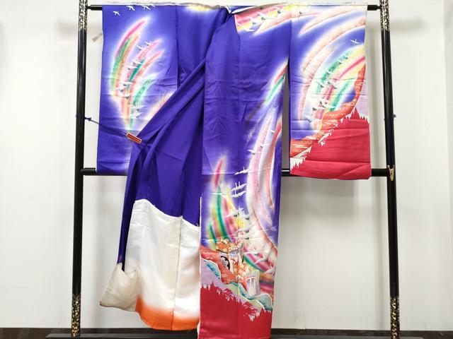 平和屋着物[]七五三　女の子　子供　祝着　駒刺繍　御所車飛鶴花文　暈し染め　金銀彩　仮絵羽　逸品　未使用　DABE7297ma