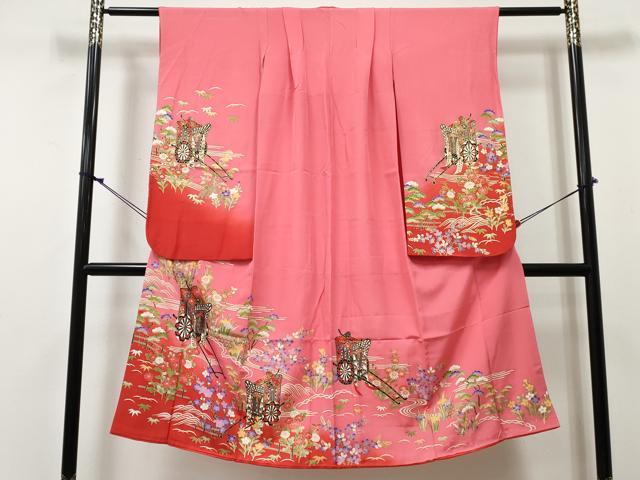 平和屋着物[]七五三　女の子　７歳　祝着　四つ身　御所車花文　暈し染め　金彩　逸品　DABE7298ma