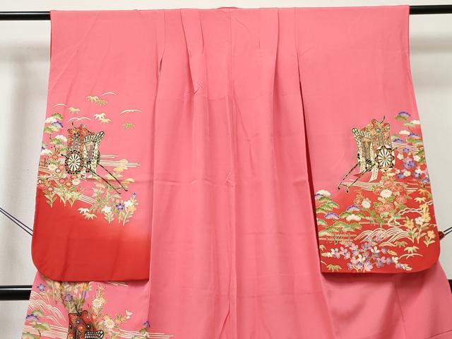 平和屋着物[]七五三　女の子　７歳　祝着　四つ身　御所車花文　暈し染め　金彩　逸品　DABE7298ma