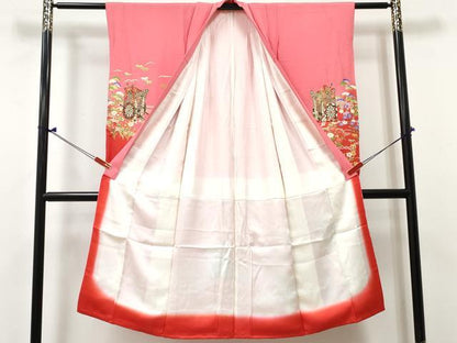 平和屋着物[]七五三　女の子　７歳　祝着　四つ身　御所車花文　暈し染め　金彩　逸品　DABE7298ma