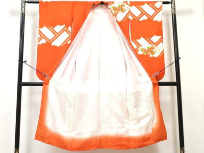 平和屋着物[]七五三　女の子　７歳　祝着　四つ身　駒刺繍　絞り　地紙花文　金銀彩　逸品　DABE7299ma