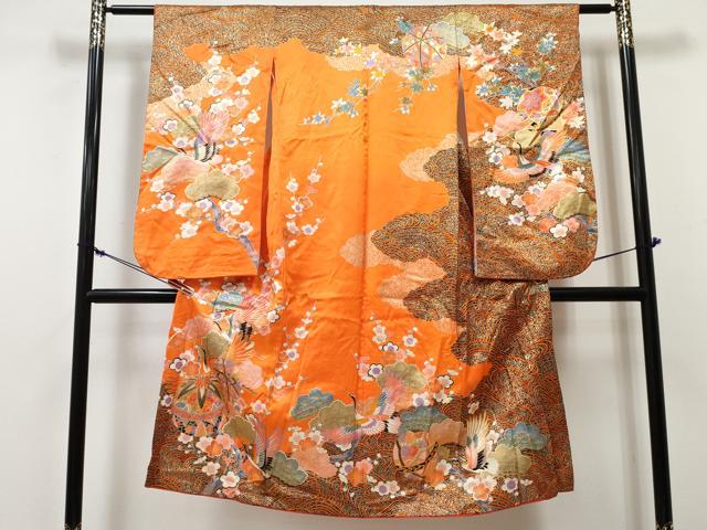 平和屋着物[]七五三　女の子　７歳　祝着　四つ身　飛鶴鞠花文　金彩　DABE7300ma