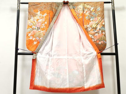 平和屋着物[]七五三　女の子　７歳　祝着　四つ身　飛鶴鞠花文　金彩　DABE7300ma