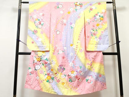 平和屋着物[]七五三　女の子　７歳　祝着　四つ身　雪輪花文　暈し染め　金彩　洗える着物　DABE7301ma