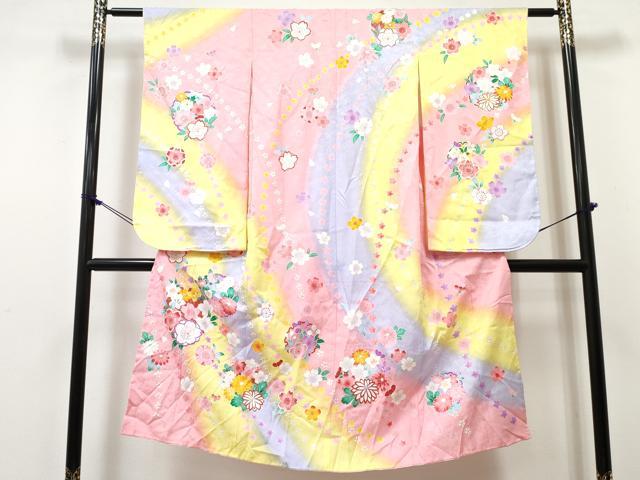 平和屋着物[]七五三　女の子　７歳　祝着　四つ身　雪輪花文　暈し染め　金彩　洗える着物　DABE7301ma