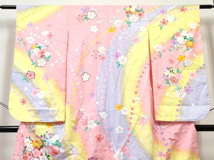 平和屋着物[]七五三　女の子　７歳　祝着　四つ身　雪輪花文　暈し染め　金彩　洗える着物　DABE7301ma