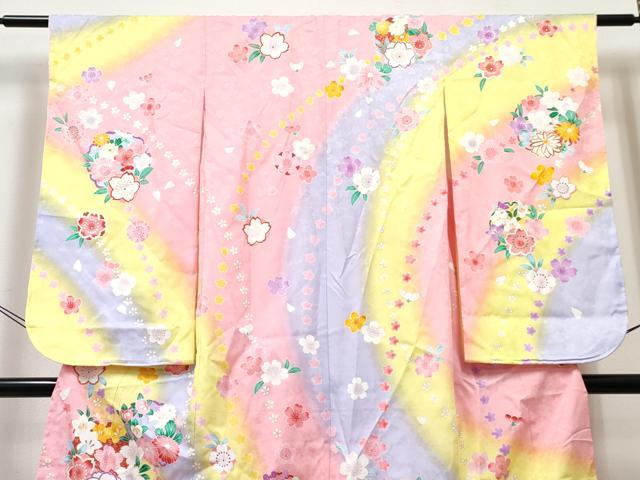 平和屋着物[]七五三　女の子　７歳　祝着　四つ身　雪輪花文　暈し染め　金彩　洗える着物　DABE7301ma