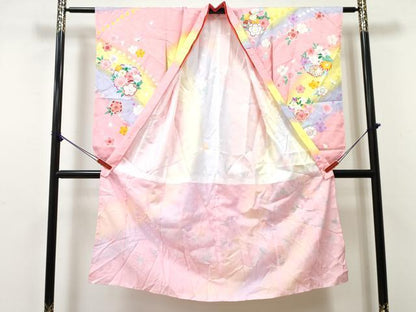 平和屋着物[]七五三　女の子　７歳　祝着　四つ身　雪輪花文　暈し染め　金彩　洗える着物　DABE7301ma