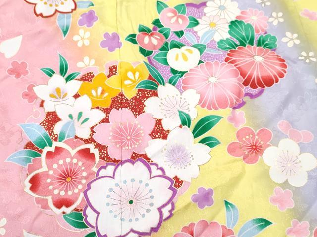 平和屋着物[]七五三　女の子　７歳　祝着　四つ身　雪輪花文　暈し染め　金彩　洗える着物　DABE7301ma
