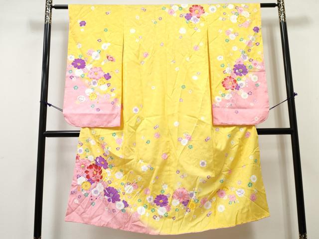 平和屋着物[]七五三　女の子　７歳　祝着　四つ身　舞花文　暈し染め　金彩　洗える着物　DABE7302ma