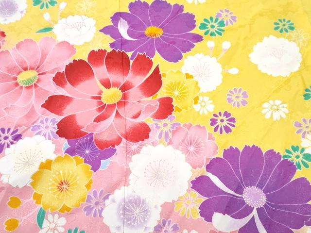 平和屋着物[]七五三　女の子　７歳　祝着　四つ身　舞花文　暈し染め　金彩　洗える着物　DABE7302ma