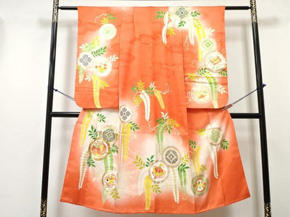 平和屋着物[]七五三　女の子　７歳　祝着　四つ身　駒刺繍　吉祥丸文　暈し染め　金銀彩　逸品　DABE7304ma