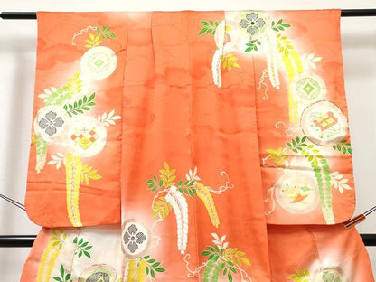 平和屋着物[]七五三　女の子　７歳　祝着　四つ身　駒刺繍　吉祥丸文　暈し染め　金銀彩　逸品　DABE7304ma