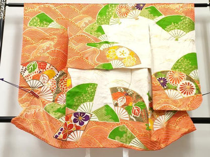 平和屋着物[]七五三　女の子　３歳　祝着　三つ身　駒刺繍　扇面花文　金彩　逸品　DABE7305ma