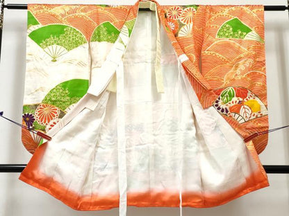 平和屋着物[]七五三　女の子　３歳　祝着　三つ身　駒刺繍　扇面花文　金彩　逸品　DABE7305ma
