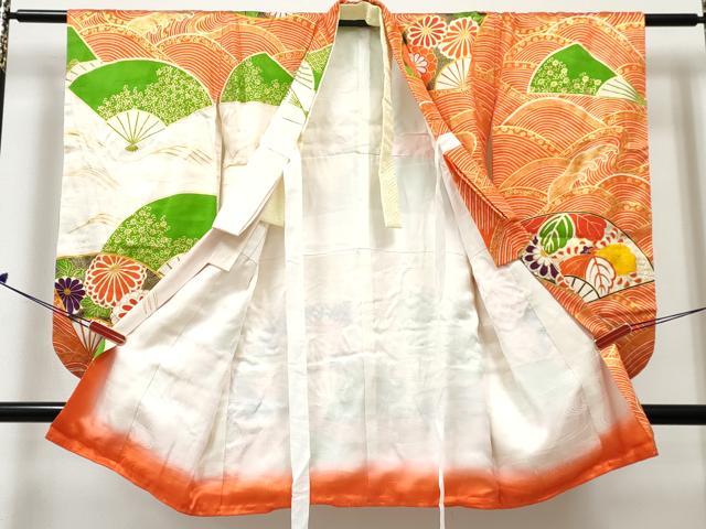 平和屋着物[]七五三　女の子　３歳　祝着　三つ身　駒刺繍　扇面花文　金彩　逸品　DABE7305ma